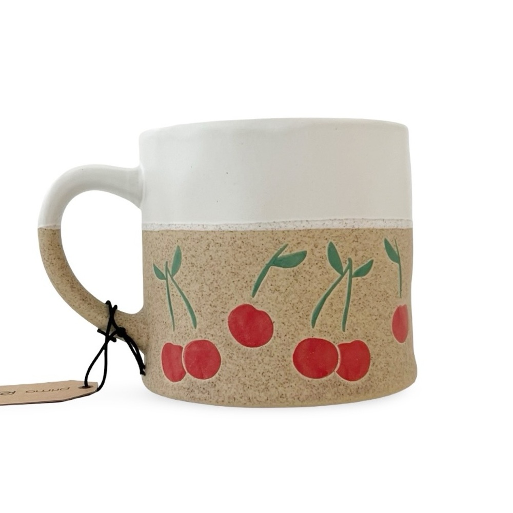 Prima Design Hand Painted Cherries and Exposed Clay Ceramic Mug NWT
